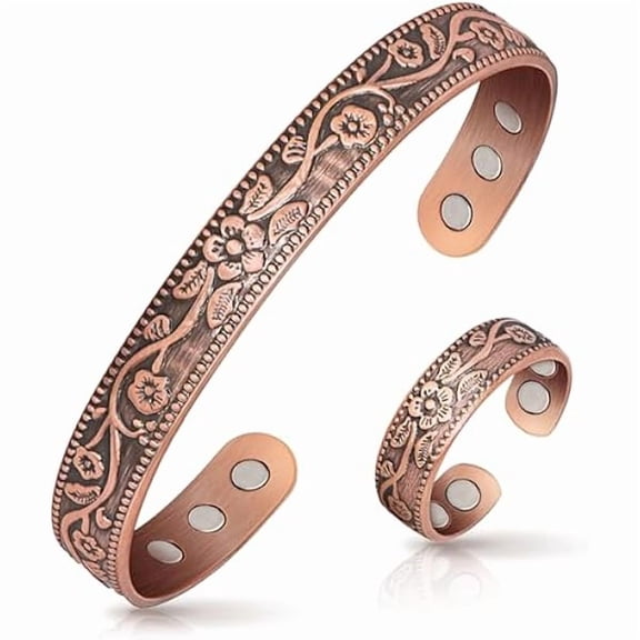 ZLCCopper Bracelet & Lymphatic Drainage Ring for Women, Adjustable 100% Solid Pure Copper Jewelry Gift with 6 Magnets, Vintage Unisex Wellness Design