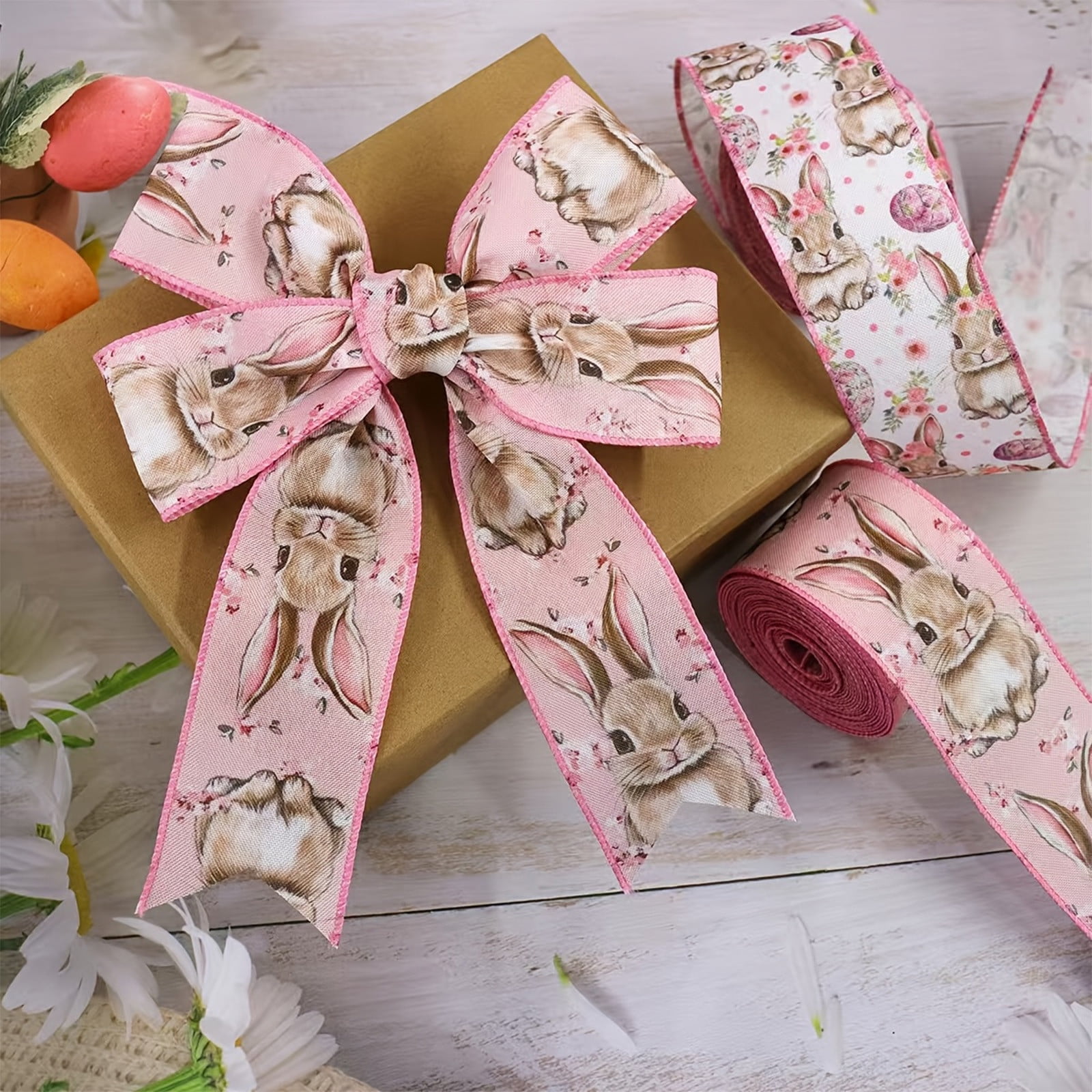 DAMAI Easter Wired Edge Ribbon Spring Floral Bunny Wired Ribbon Watercolor Easter Rabbit Flower Fabric Craft Ribbon for Gift Wrapping Floral Arrangement Wreath Bow DIY Crafts