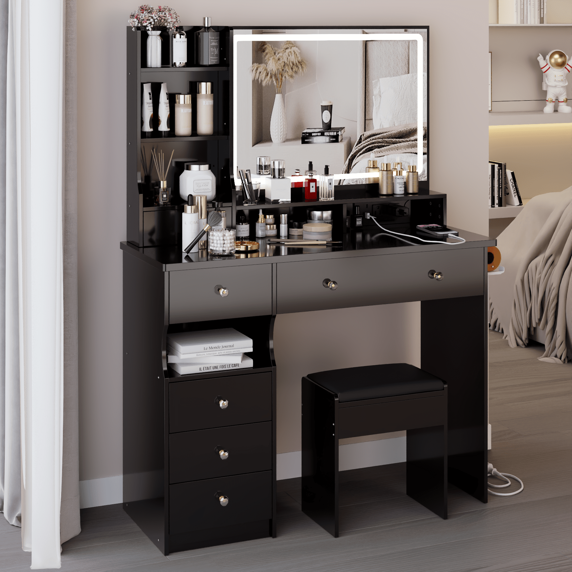 Euroco 41" Large Size Left Drawer Desktop Vanity Table+Cushioned Stool Dresser Set, 2 AC+2 USB Power Station, Hair Dryer Stand, Extra Large Touch Control LED Mirror