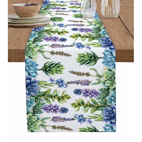 Green Blue Botanical Table Runner 90 Inches, Succulent Summer Tropical Bed Runner Dresser Scarves Tabletop for Indoor Outdoor Parties/Ceremony/Banquet, 13" x 90"