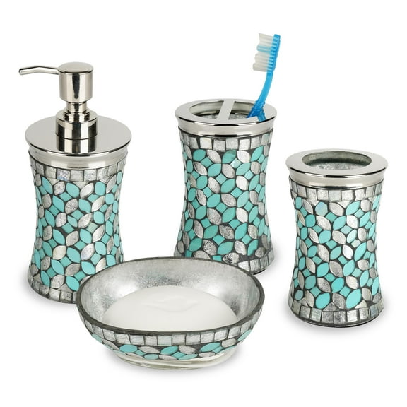 nu steel Sea Foam Collection Bathroom Accessories, 4 Bath Set Including Soap Dish, Lotion Dispenser, Tumbler Mug, Toothbrush Holder, Aqua Finish, Mosaic Glass/stainless steel SF-3456-SET4