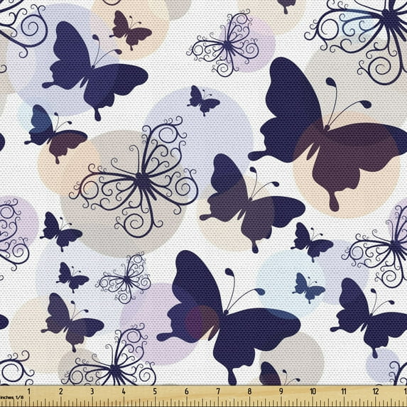 Butterfly Fabric by the Yard, Silhouettes and with Swirled Curly Wings on Pastel Color Blots, Upholstery Fabric for Dining Chairs Home Decor Accents, Multicolor by Ambesonne