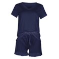 thumbnail image 3 of Defitshape Women's Cotton Pajamas 2 Piece Shorts Set Summer V Neck Pj Soft Short Sleeve Ruffle Drawstring Lounge Blue Small, 3 of 4