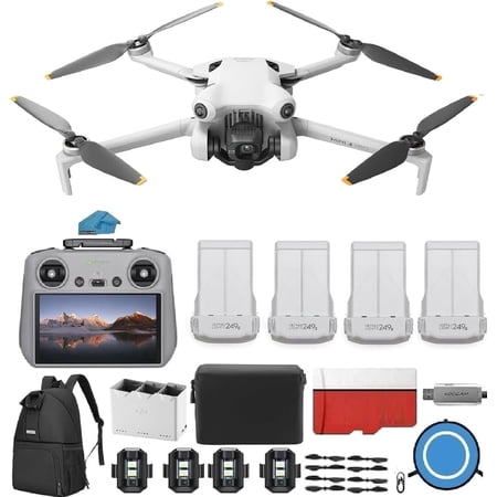 DJI Mini 4 Pro Drone Fly More Combo with RC 2 Controller (With Screen) Folding Drone with 4K Video, Under 249g, Vision Sensing 4 Batteries Bundle with 128GB Memory Card, + Pilot Kit