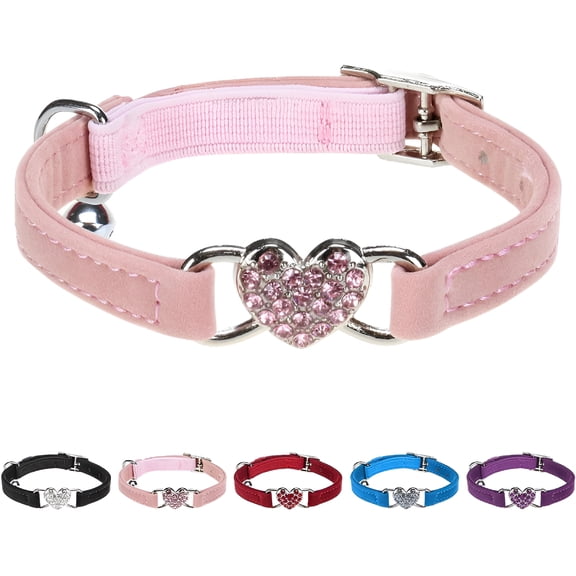 GASTROPOD 2026 New Diamond Cat Collar,Adjustable Soft Velvet Leather Safe Kitten Collar with Crystal Heart Charm and Bells,Girl Boy Bling Stylish Cat Collars with Safety Elastic