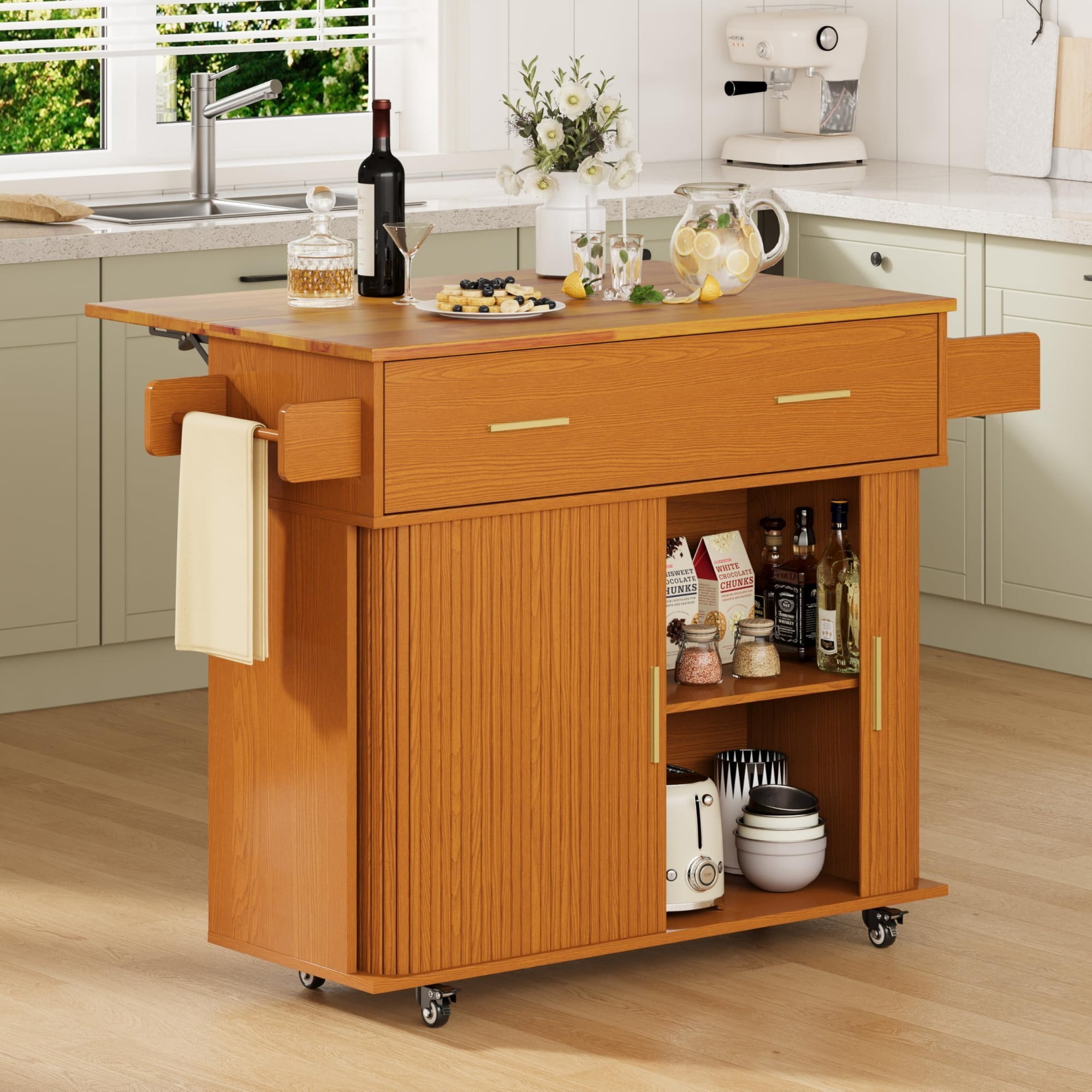 Rolling Kitchen Island Cart with Drop Leaf, Mobile Kitchen Cart on Wheels with Sliding Door, Drawer & Storage Rack, Yellow