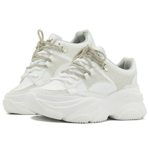 Tenis Plataforma Dama Line Sport 3095 Suela Chunky Color Blanco/Plata 24.5