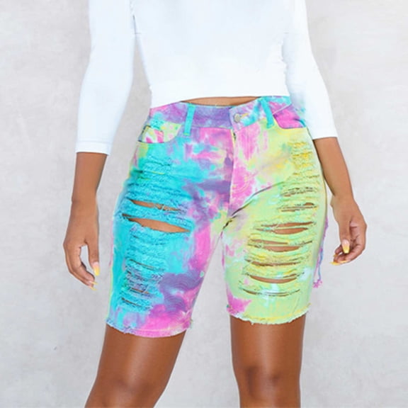 Womens High Waisted Jean Shorts Ripped Tie Dye Stretchy Denim Shorts For Women