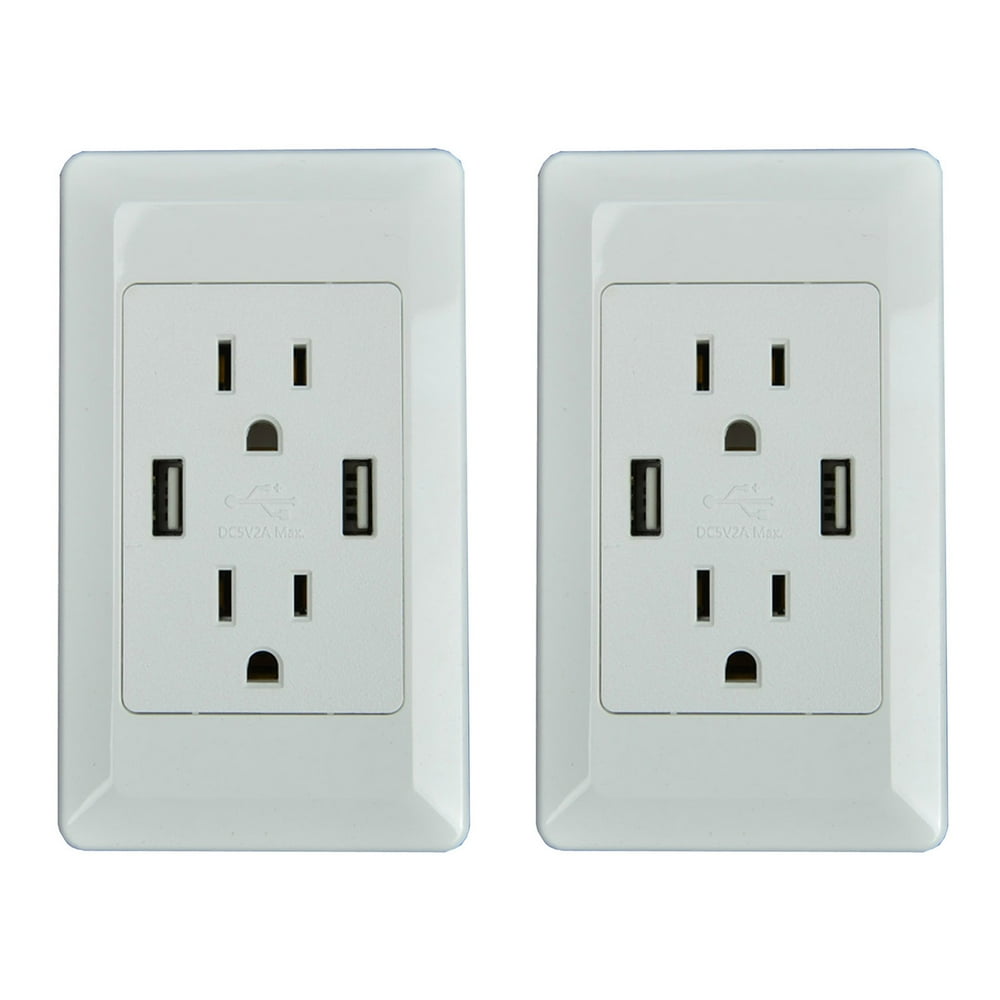 GREENCYCLE 2 Pack 2A Smart Dual USB Charger Wall Plate Outlet Socket 15A AC Power Outlet