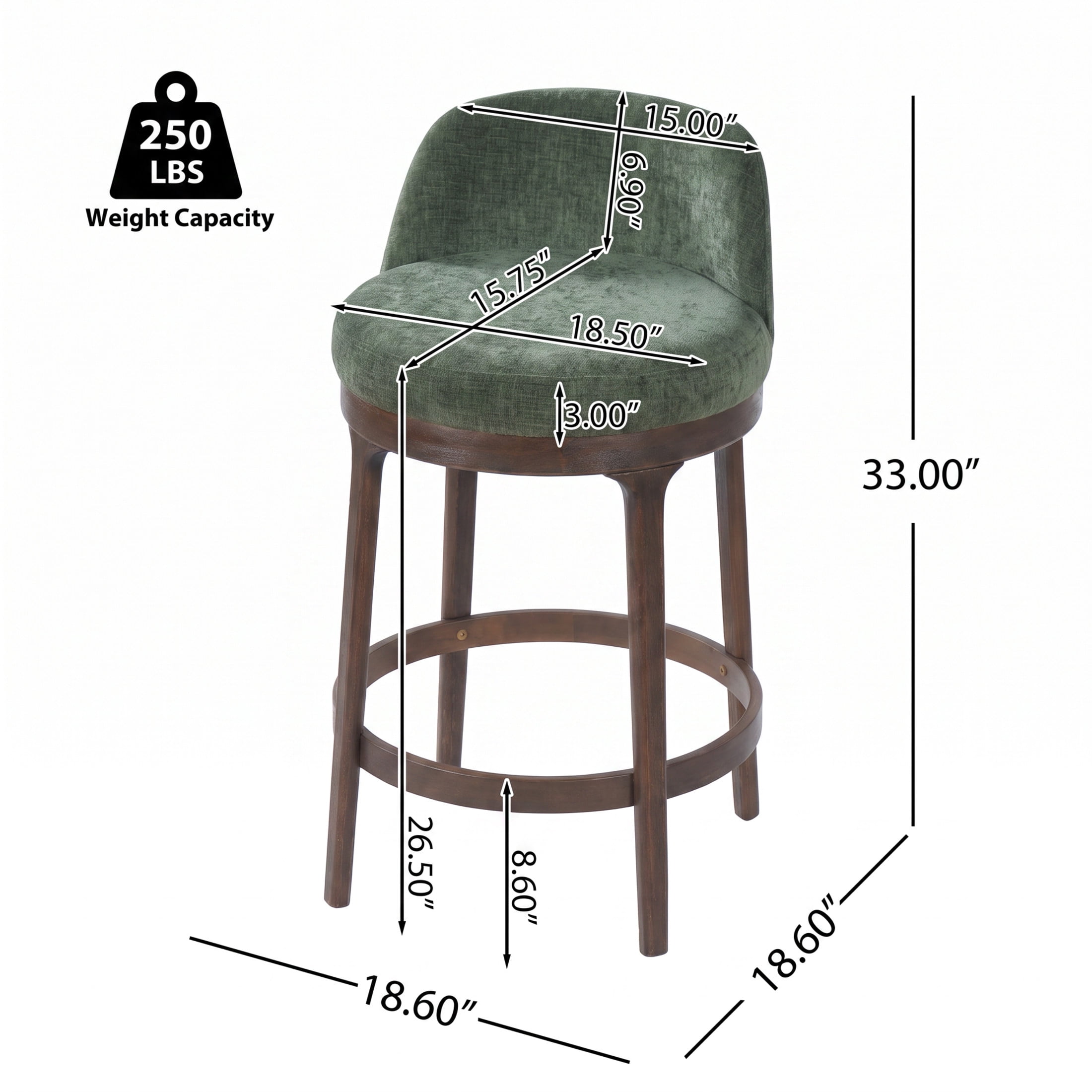 Christopher Knight Home 33"H Wooden Green Upholstered Counter Stools with Round Seat, Walnut Finish, Set of 2