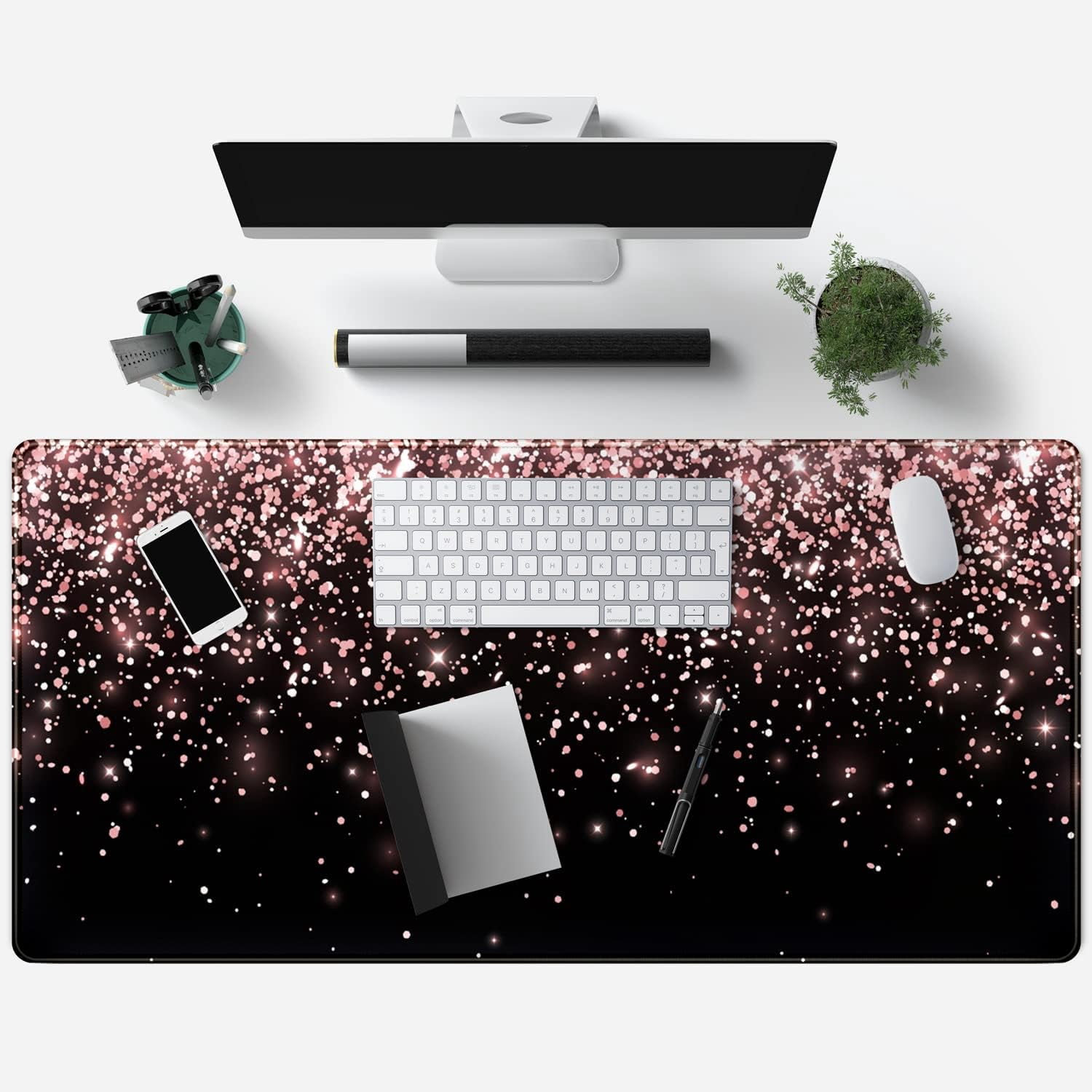 Rose Gold Glitter Black Desk Mat Extended Mouse Pad XXL Office Desk 31.5x15.7 in Accessories for Women Girl Gamer Full Desk Large Gaming XXL Mousepad Laptop Computers Keyboard Office Mouse Mat