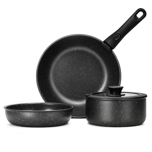 Walchoice 5Pcs Pots and Pans Set, Granite Nonstick Cookware Set with Detachable Handle, Stackable Kitchen Cooking Set with Saucepan Frying Pans, Induction Compatible & Oven Safe - Black