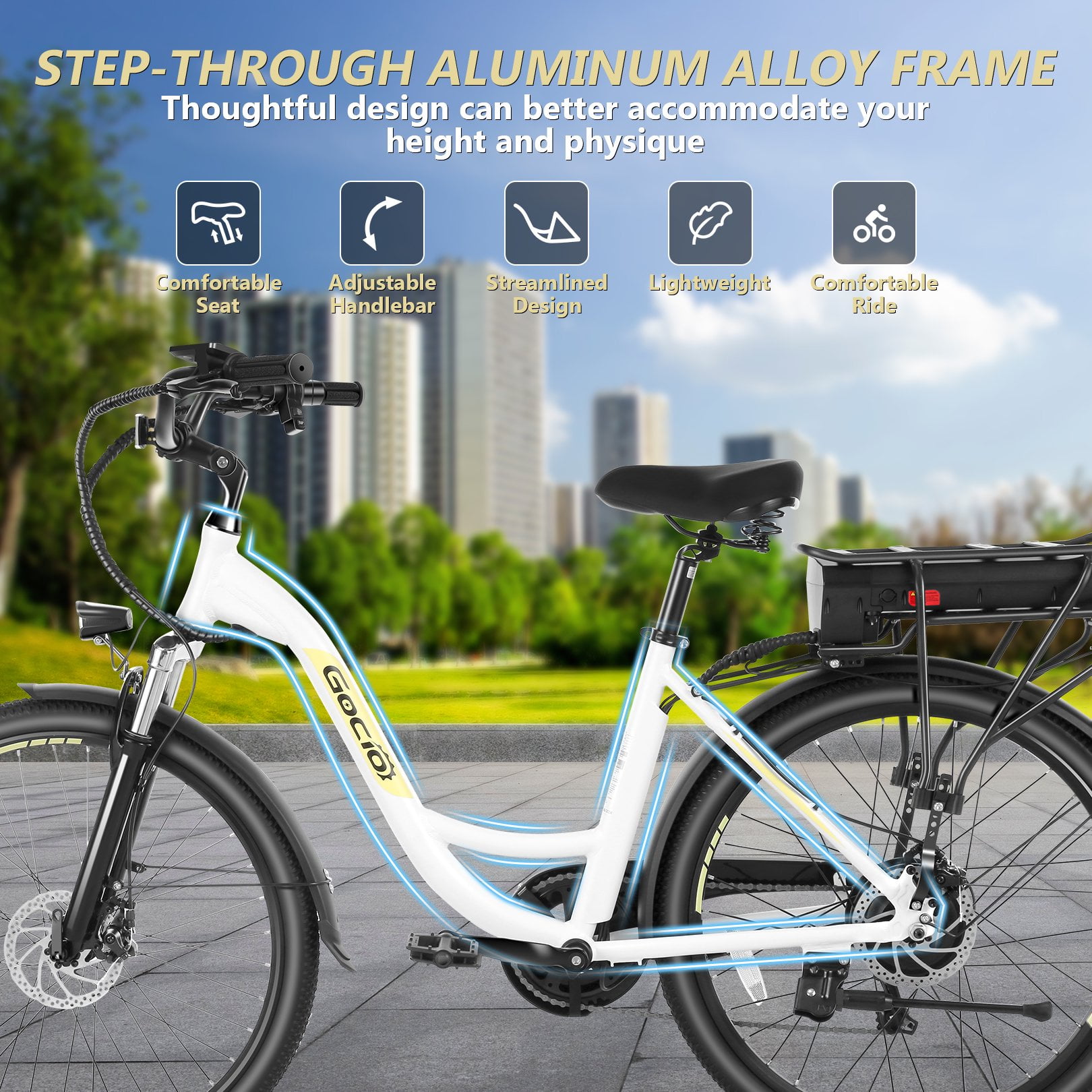 Gocio 26" Peak 700W Low Frame Electric Bike for Adults, Long-Lasting 48V 10.4Ah Battery, LCD Display, 5 Riding Modes, Headlight and Taillight, 7 Speeds Commuter Women Ebike, City Cruiser Ebike, White