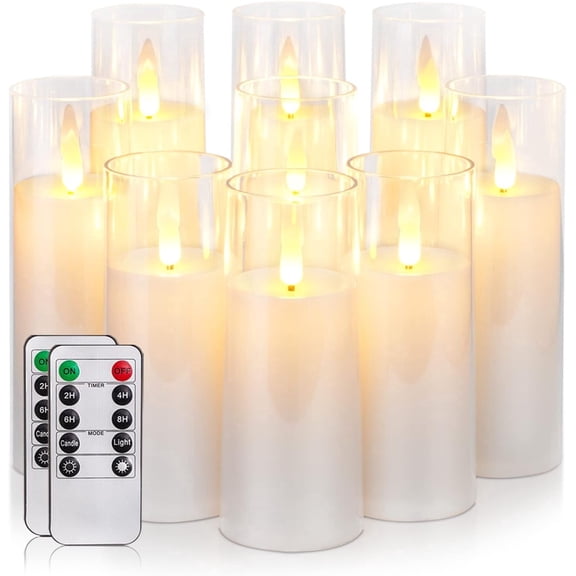Merrynights Flameless Pillar Candles Modern White Acrylic LED Battery Operated with Remote Control and Timer 9-Piece Set