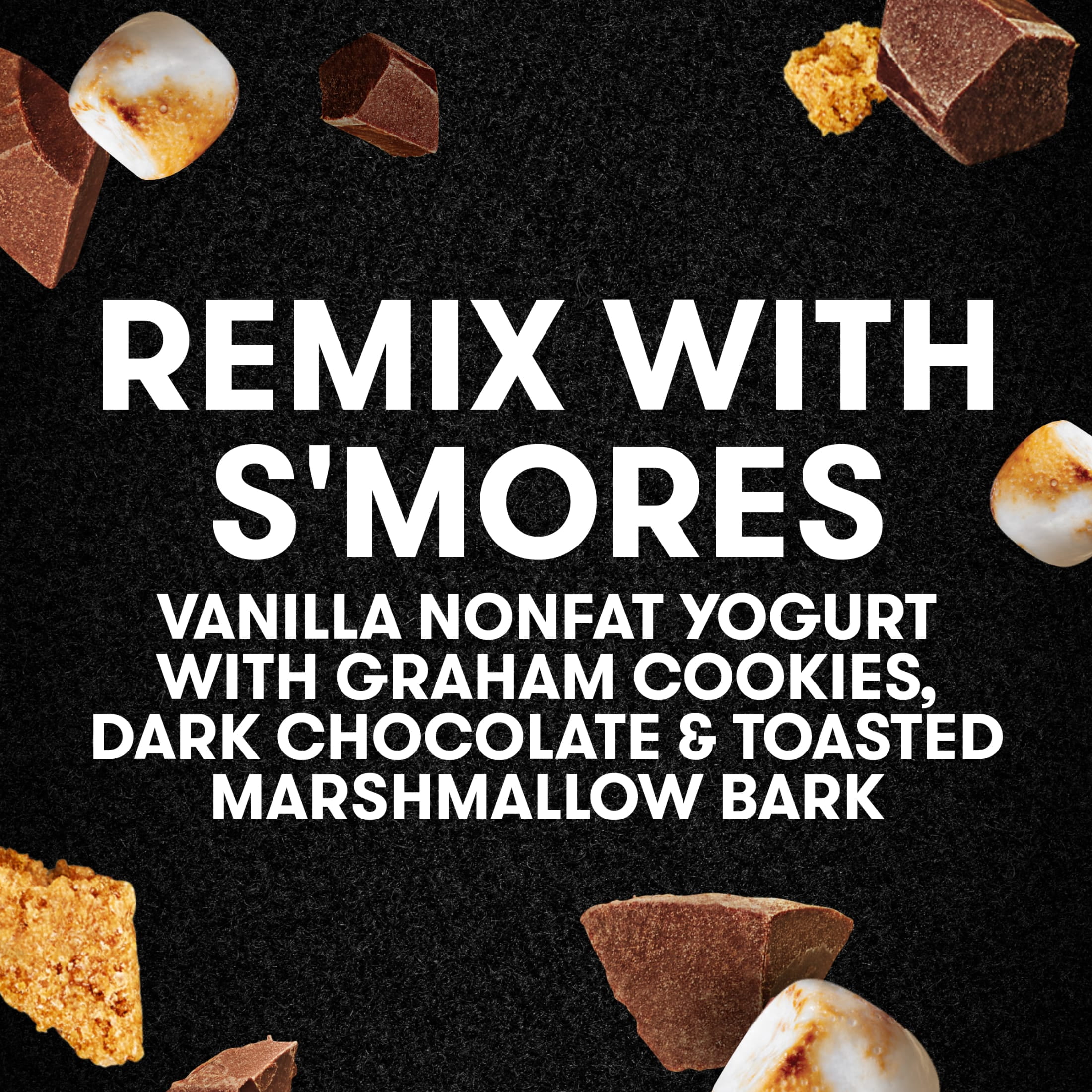 Oikos REMIX S'mores 11g Protein Vanilla Nonfat Greek Yogurt with Graham Cookies, Dark Chocolate and Toasted Marshmallow Bark Mix-Ins, 120 Calories, Great for Office Snacks, 4.5 oz Cup