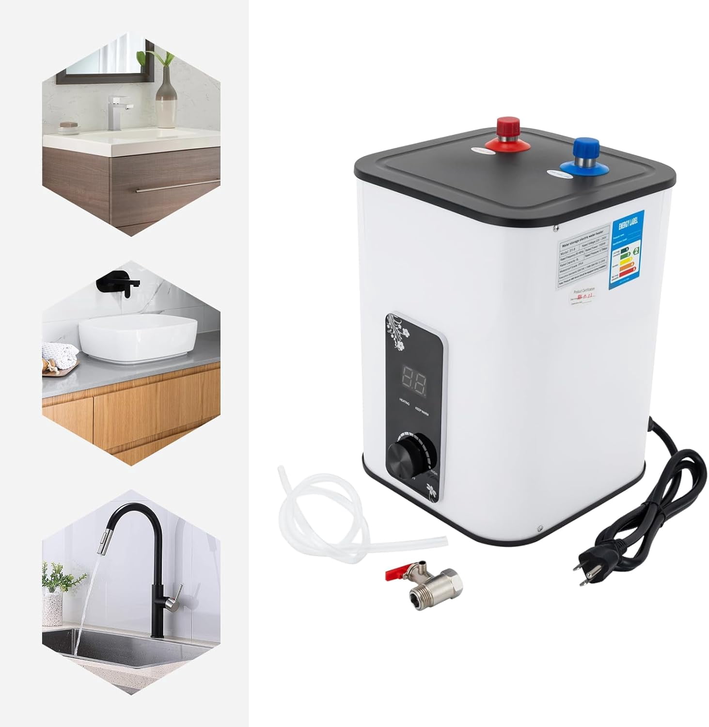 Miumaeov Electric Tank Water Heater, 8L Tank Water Heater for Point of Use Instant Hot Water 1500W Plugin to Use, Wall or Floor Mounted