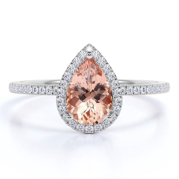 JeenMata Peach Pink 1 Carat Pear Cut Created Morganite and Moissanite Engagement Ring in 18K Gold Over Sterling Silver
