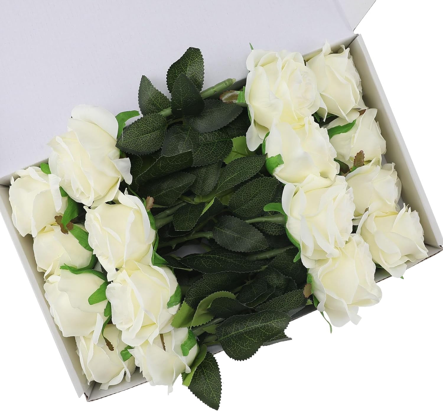 White Fake Roses Artificial Flowers - Fake Artificial Roses Silk Flowers with Stems for Home Wedding Hotel Office Centerpiece Decor