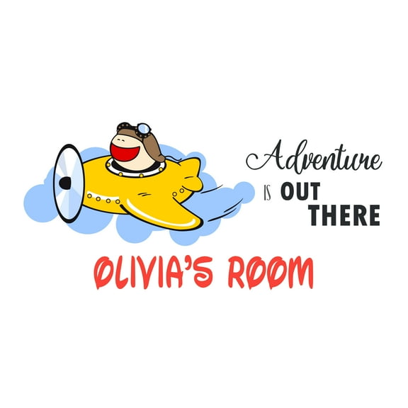 Personalized Name Cartoon Wall Decal Cartoon Pilot in an Airplane Custom Name Bedroom Wall Decal for boys and girls Airplane Adventure is Out There Themed Kids Room Décor - Size: 20 In x 10 In