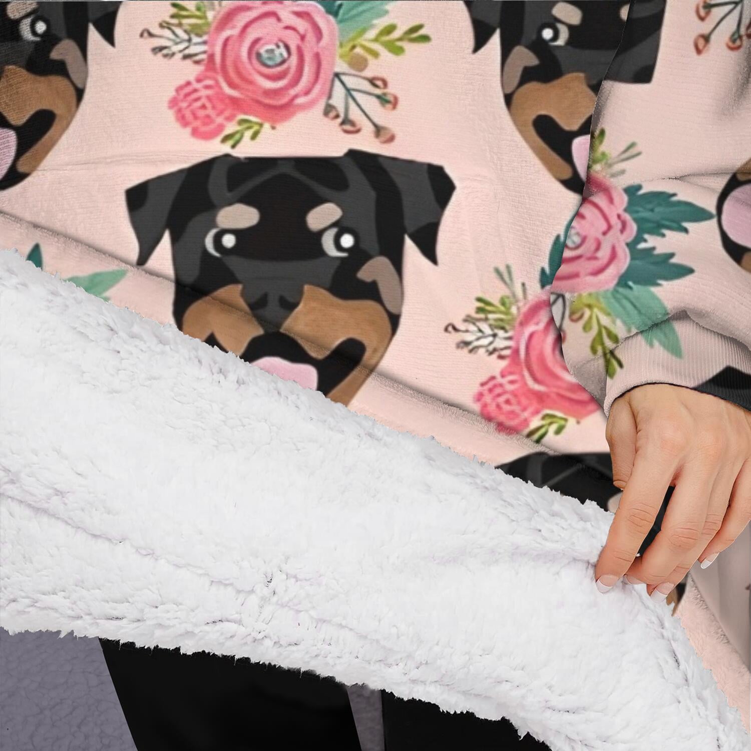 Oversized Wearable Blanket Hoodie,Rottweiler and Pioneer Flower Sherpa Blanket Hoodie with Super Pockets,Super Warm Fuzzy Pullover for Women & Men