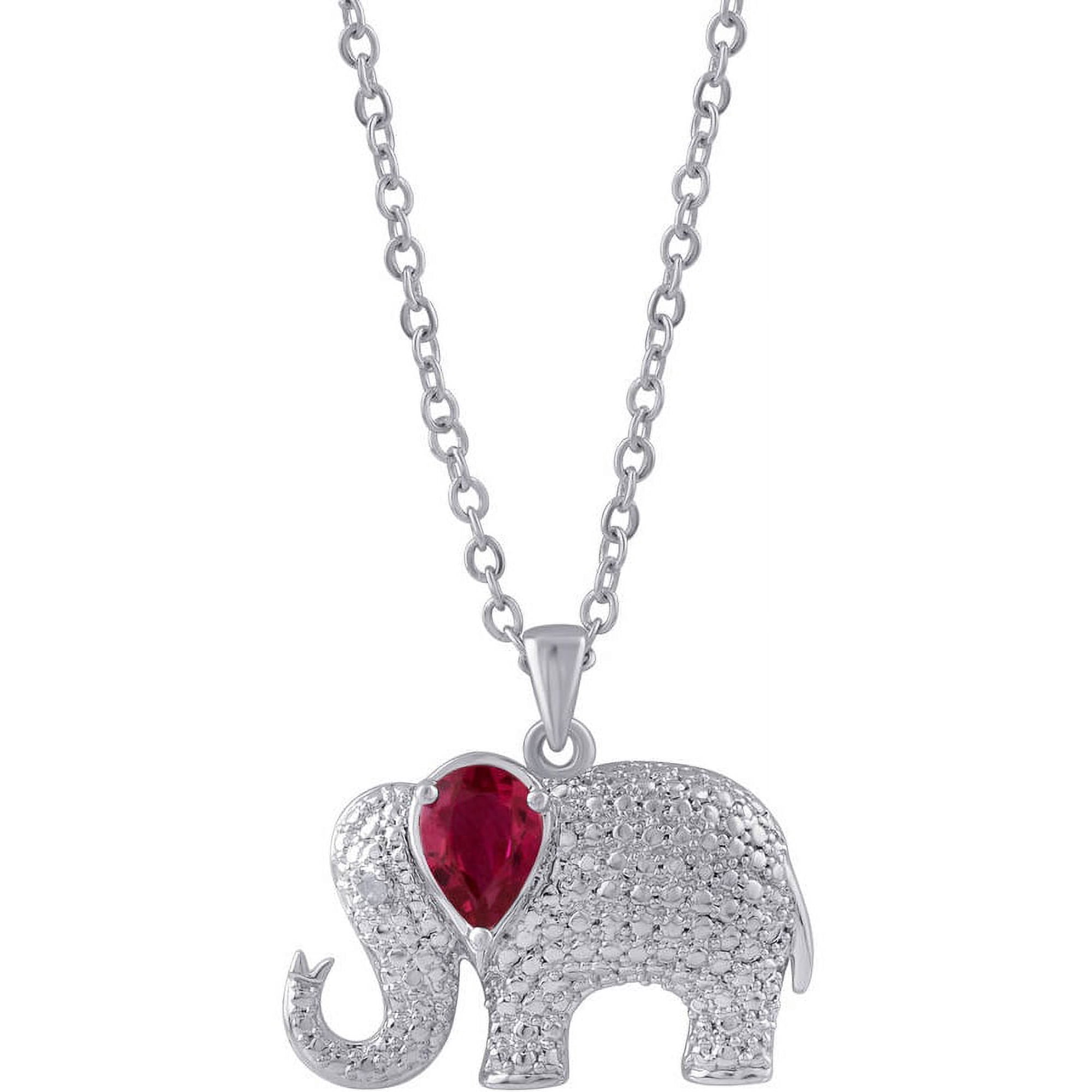 Diamond Accent and Ruby Gemstone Silver-Tone Elephant Fashion Pendant, 18" Chain