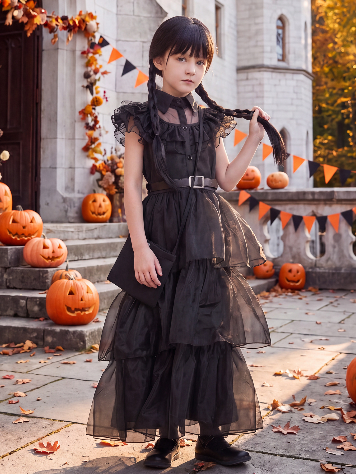 IKALI Girls Halloween Costume Fancy Dress with Wig, Black, 10-12 Yrs photo 4