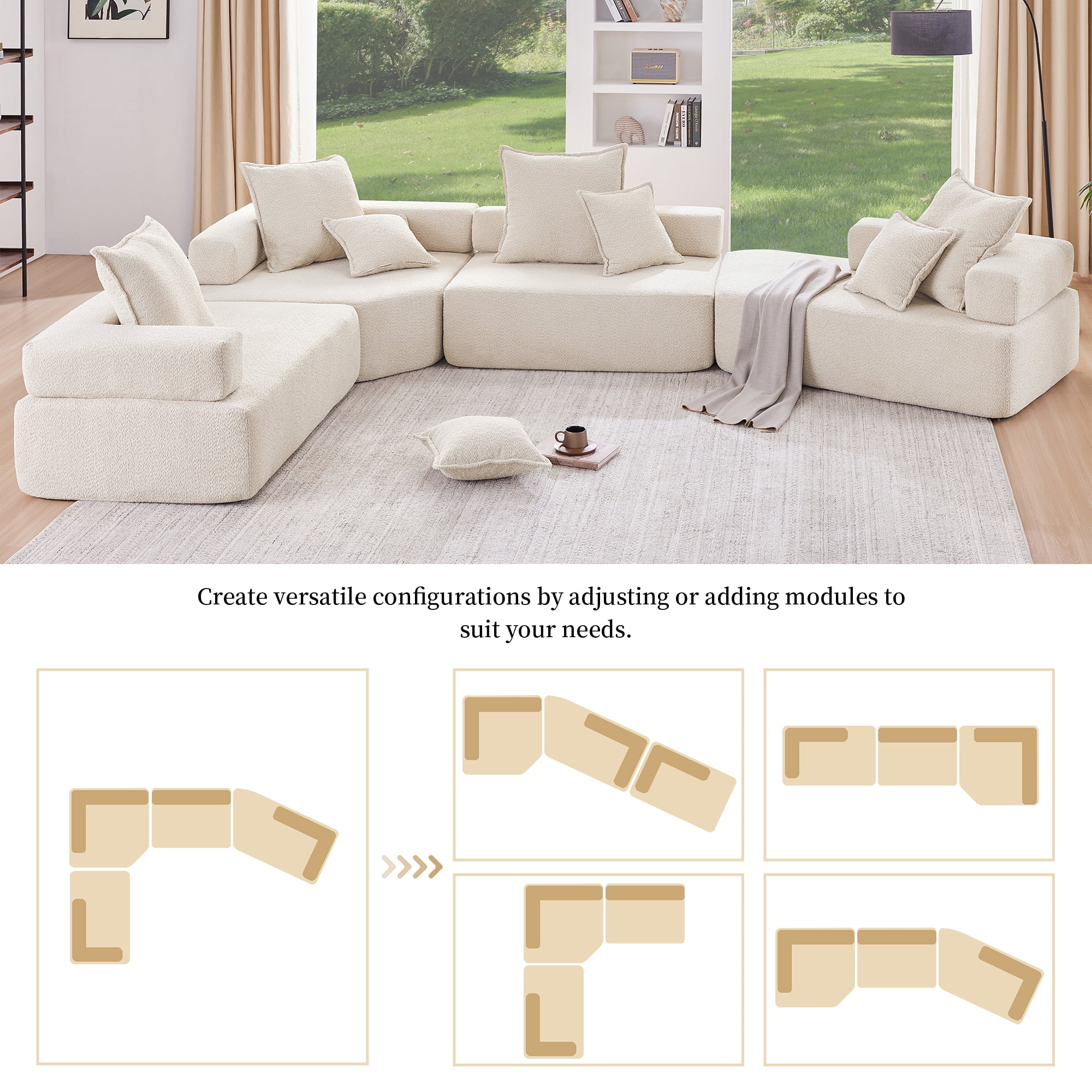 EUROCO 156" Oversized Modular U Shaped Sectional Sofa Couch, Boucle 4 PC Free Combination Floor Sleeper Couch Set, Spacious Foam-Filled Convertible Sofa Bed for Living Room, Beige