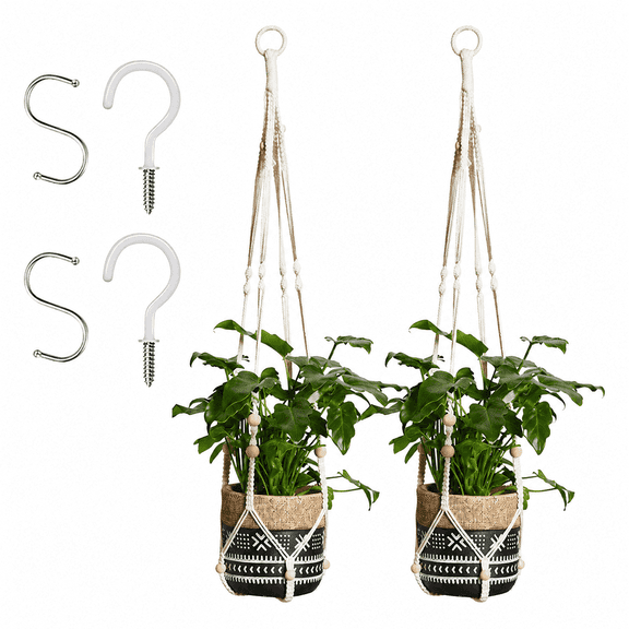 set of 2 Ivory Macrame Plant Hangers, 35 inch Boho hanging plant holder with wooden beads & hooks, indoor outdoor home decor, pots not included