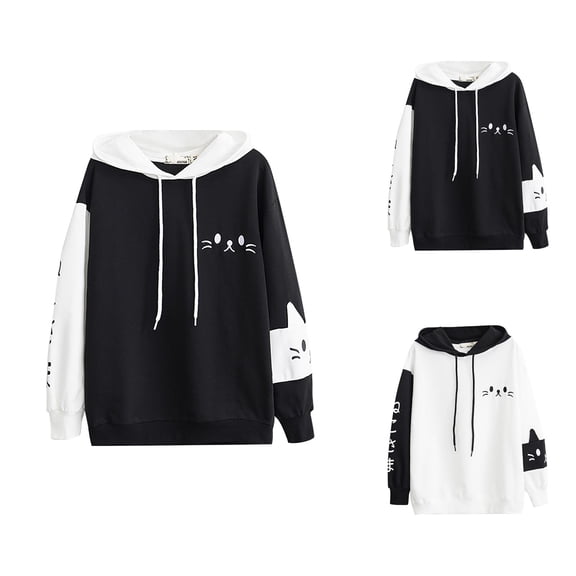 Cute Cat Color Block Hoodies for Women 2025 Fall Winter Long Sleeve Casual Hooded Sweatshirt Pullover Tops