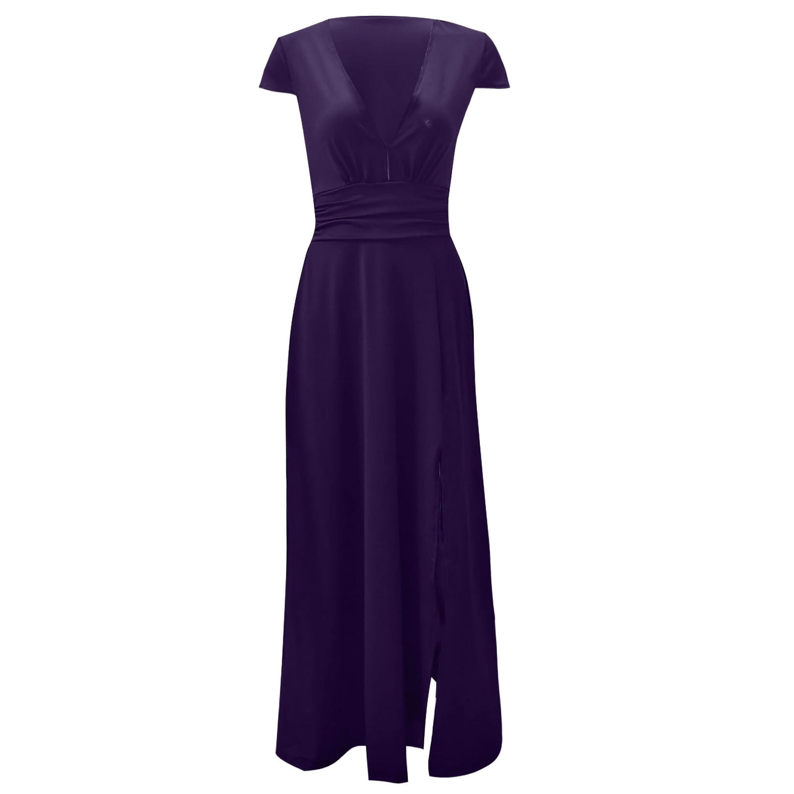 Hvot&aat Women Cap Sleeve V-Neck Wedding Bridesmaid Dress Ruched High Waisted Sexy High Slit Long Evening Prom Maxi Dresses