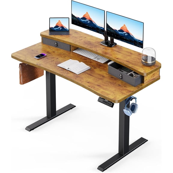 CHITOOMA 48″ x 24″ Electric Standing Desk with 2 Drawers, C-Clamp Mount Compatible, Height Adjustable Computer Desk, Home Office Stand Up Desk with 4 Preset Heights & 2 Hooks, Vintage Brown