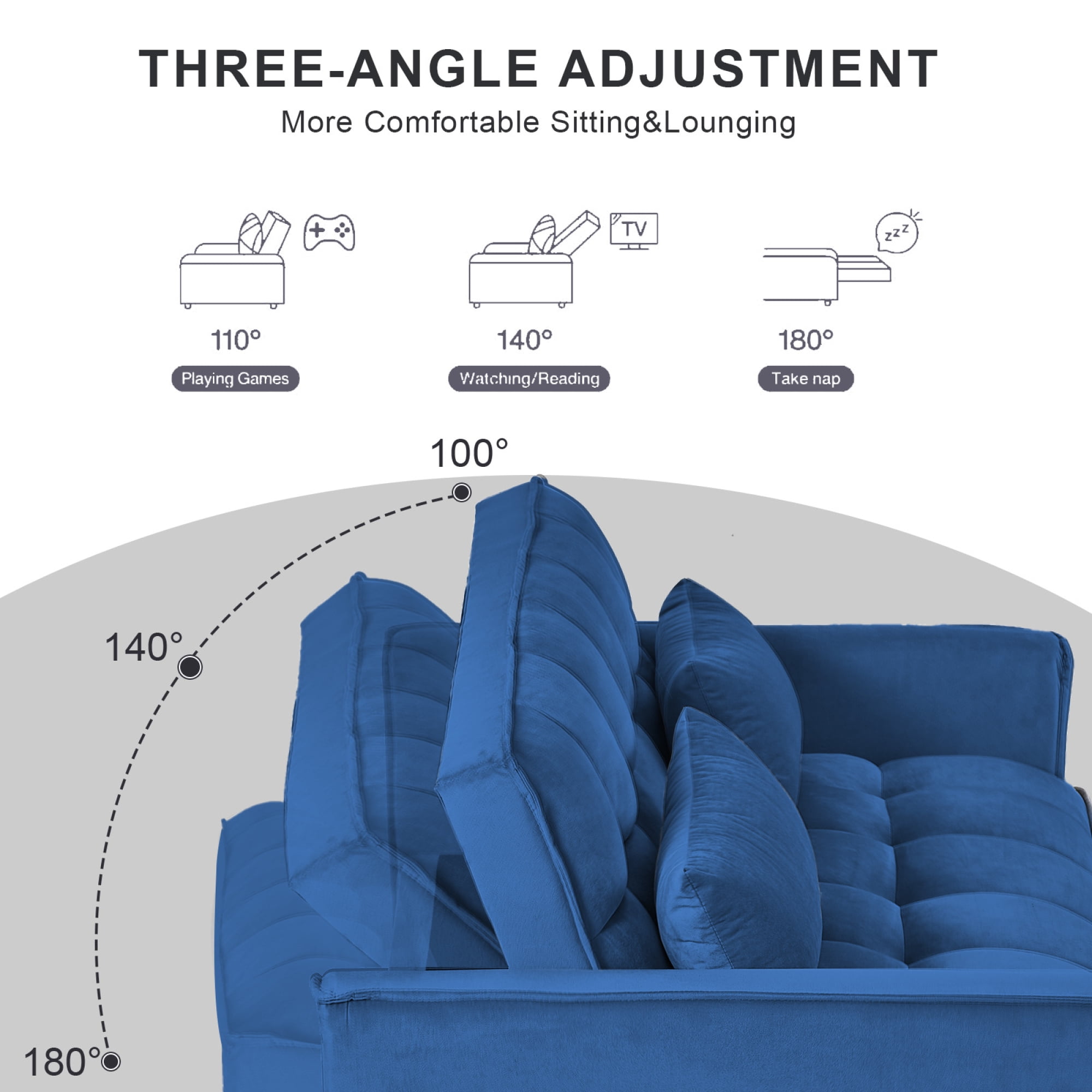 Convertible Sofa Bed,3-in-1 Sleeper Sofa with Pull Out Bed,Sleeper Futon Couch Loveseat with Adjsutable Backrest and Pillows for Living Room,Blue