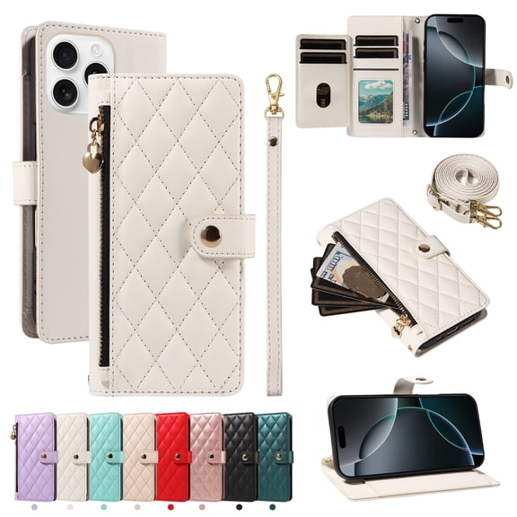For iPhone 11 Pro Wallet Case with Zipper Card Slots,RFID Blocking Large Capacity Elegant PU Leather Magnetic Flip Case Crossbody Strap Hand Lanyard for Travel / Daily Carrying,White