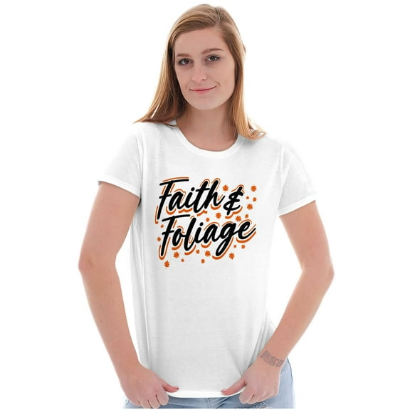 Cute Fall Autumn Faith and Foliage Womens Slim Fit Graphic Tee Brisco Brands M
