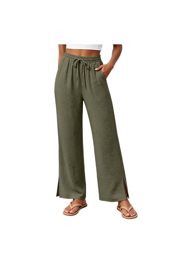 Womens Palazzo Pants Wide Leg Side Slit Flowy Drawstring High Waisted Casual Trousers 2026 Summer Beach Vacation Clothes