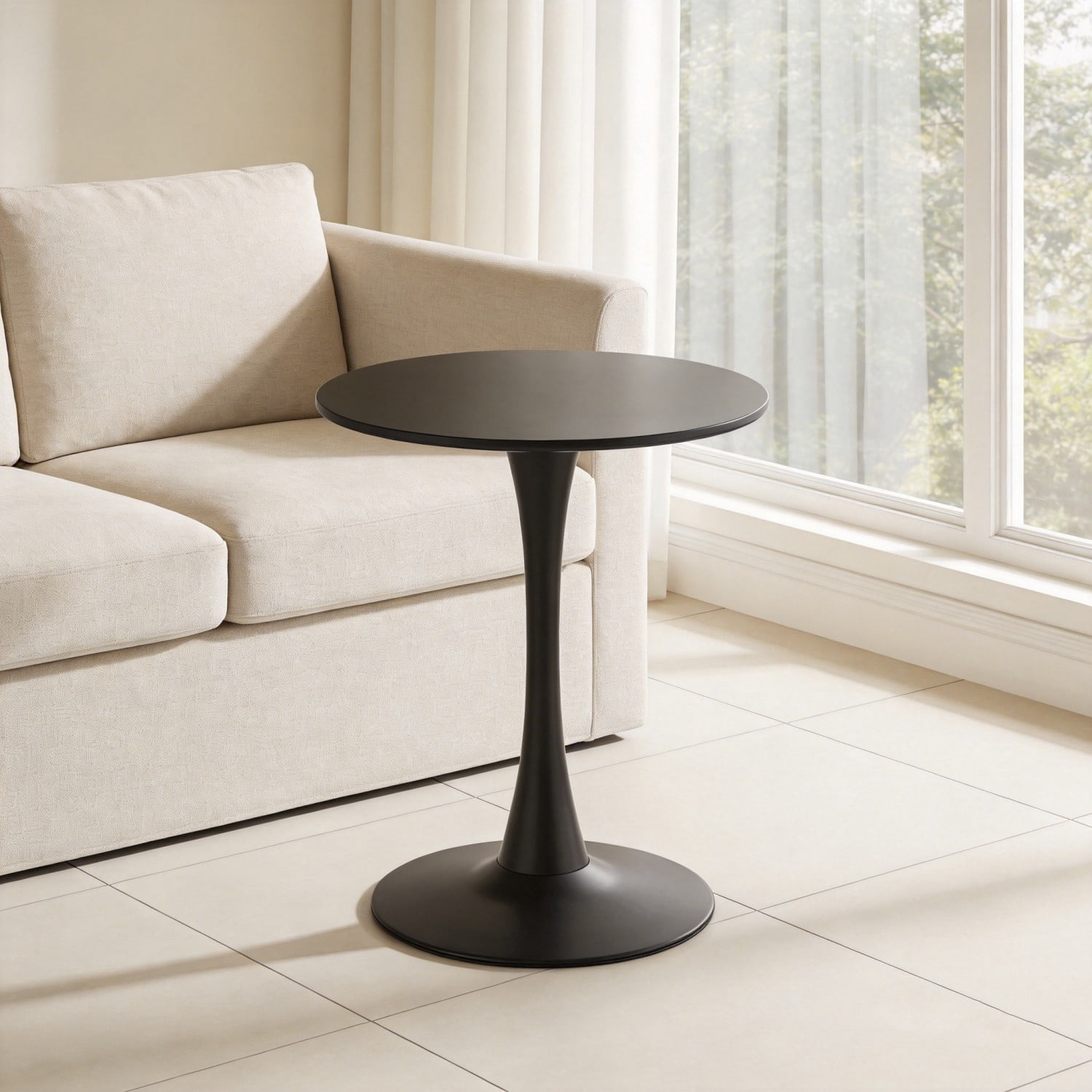 24" Round Dining Table, Modern Black Tulip Base Table with MDF Top & Matte Iron Pedestal, Small Space Kitchen Table, Mid Century Coffee Table for Dining Room, Living Room & Apartment