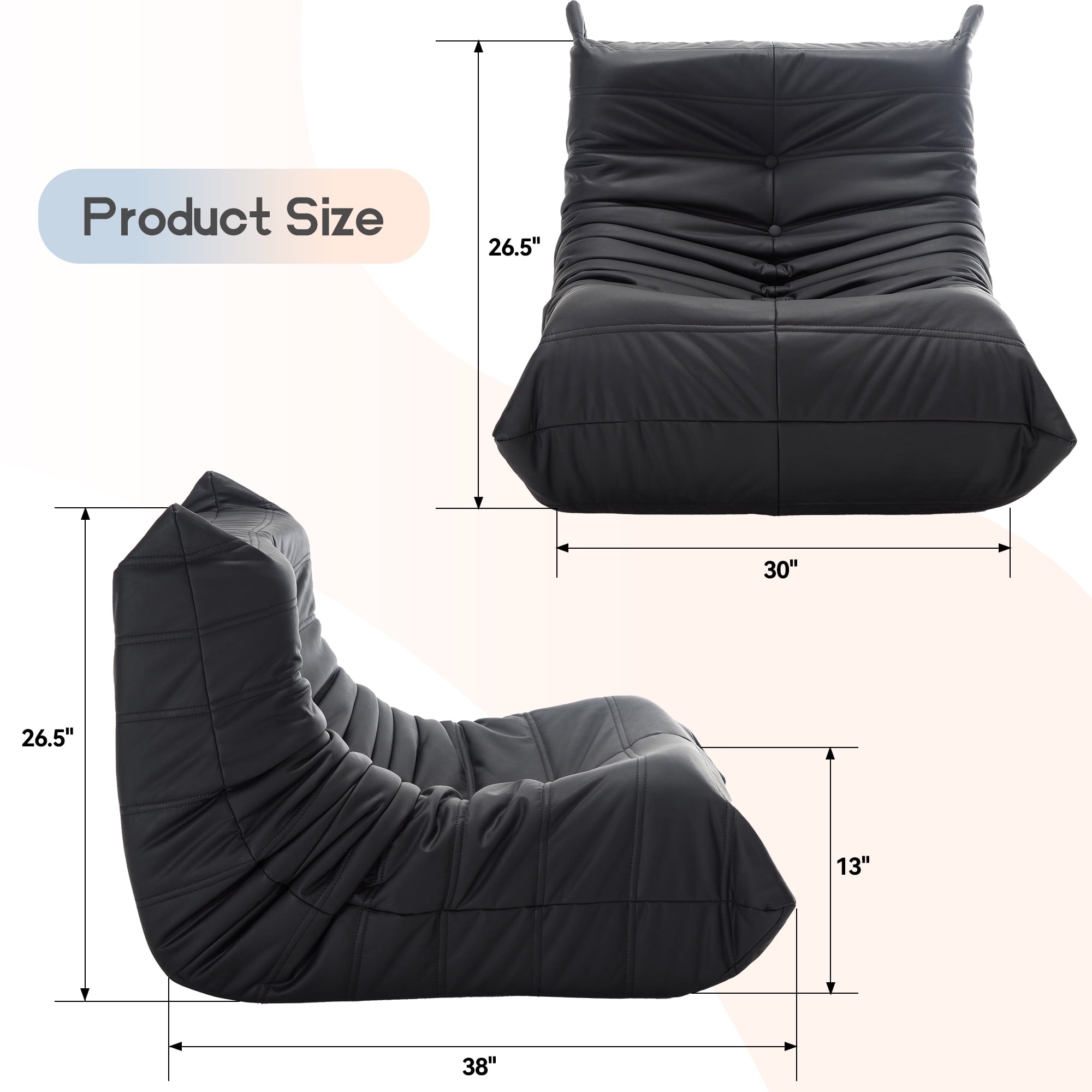 Morden Fort Big Bean Bag Chair for Adults, Faux Leather Bean Bag Sofa, Memory Foam Lounge Chairs with Ergonomic Design, Lazy Togo Chair for Living Room, Bedroom, Dorm, Office(Black)