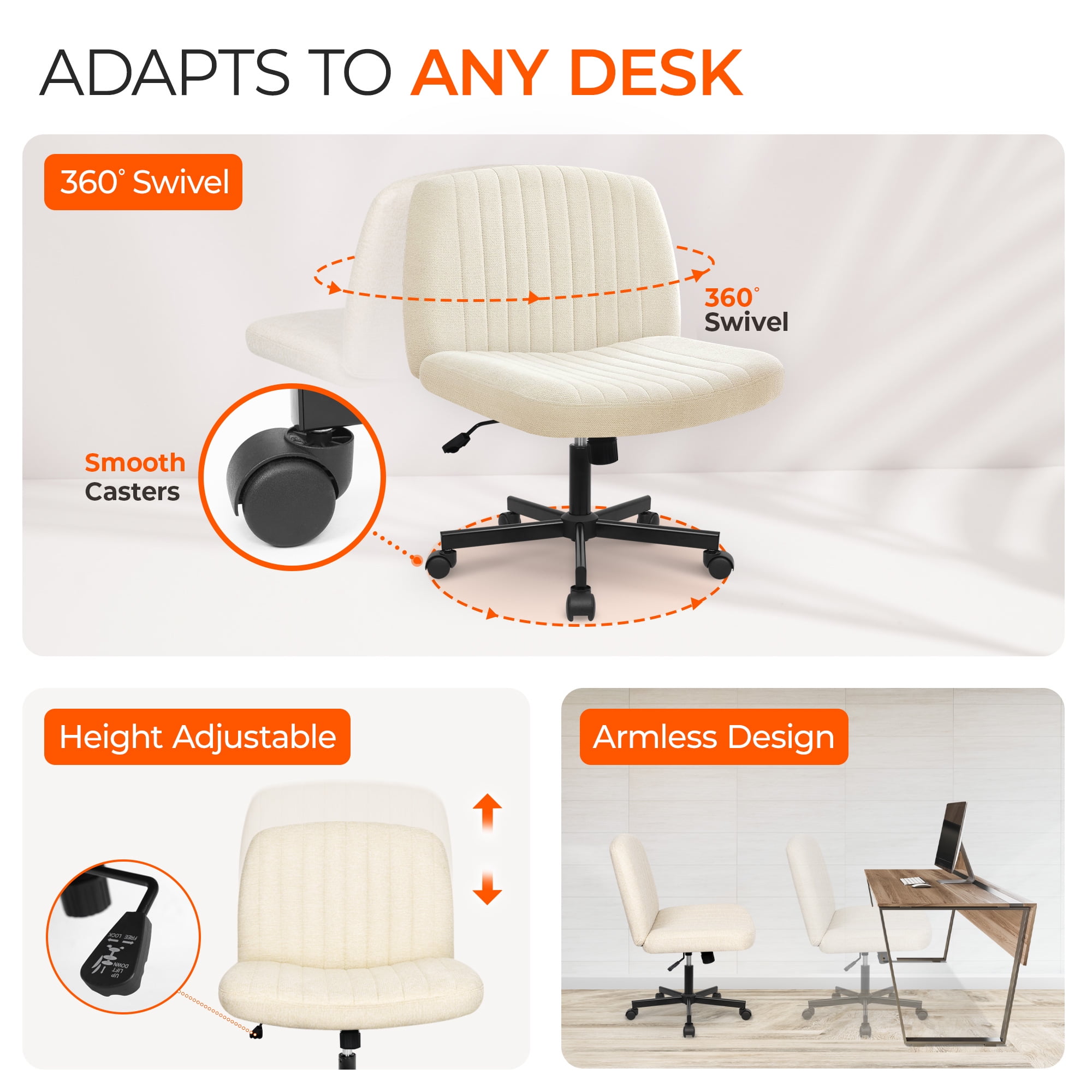 Orange Factory Criss Cross Chair Wheels Wide Cross Legged Office Desk Vanity Chair Comfy Fabric Armless Adjustable Swivel for Home Computer Task (Beige Wheel, Fabric)
