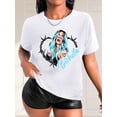 thumbnail image 2 of Stylish Black Casual Tee for Women with Teal-Haired Portrait & Letter Print - Round Neck, Short Sleeve, 100% Polyester, Machine Washable - Perfect for Spring/Summer/Fall, 2 of 8