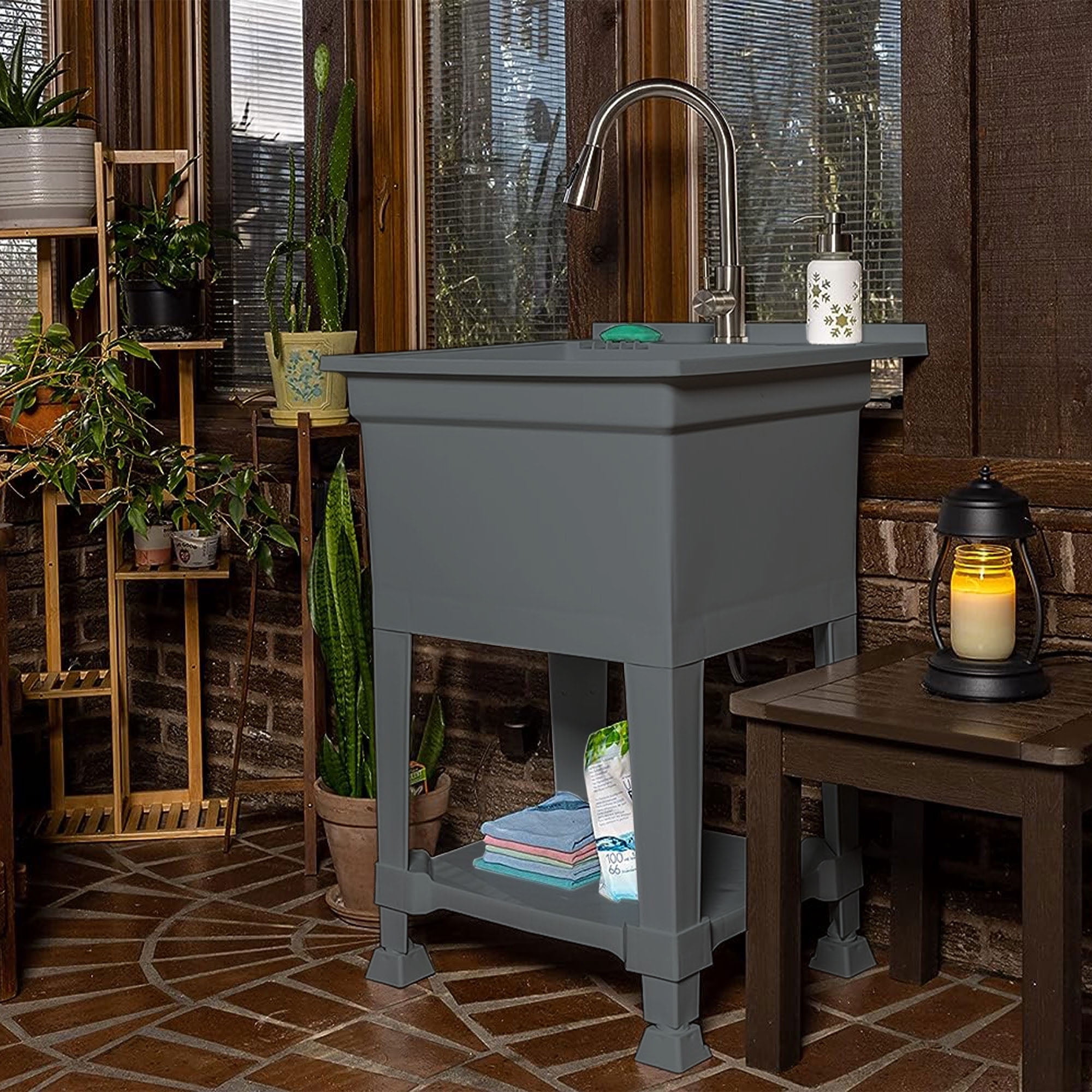 UTILITYSINKS Plastic 24" Freestanding Compact Workshop Utility Sink, Grey