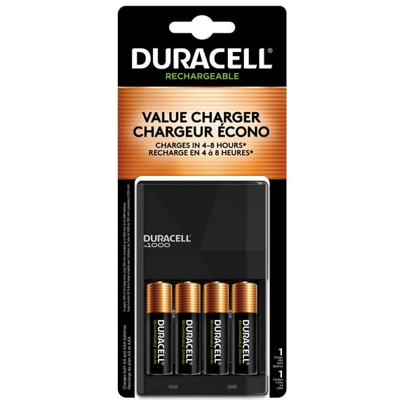 Duracell Ion Speed 1000 Battery Charger for AA and AAA batteries, Includes 4 Pre-Charged AA Rechargeable Batteries, for Household and Business Devices