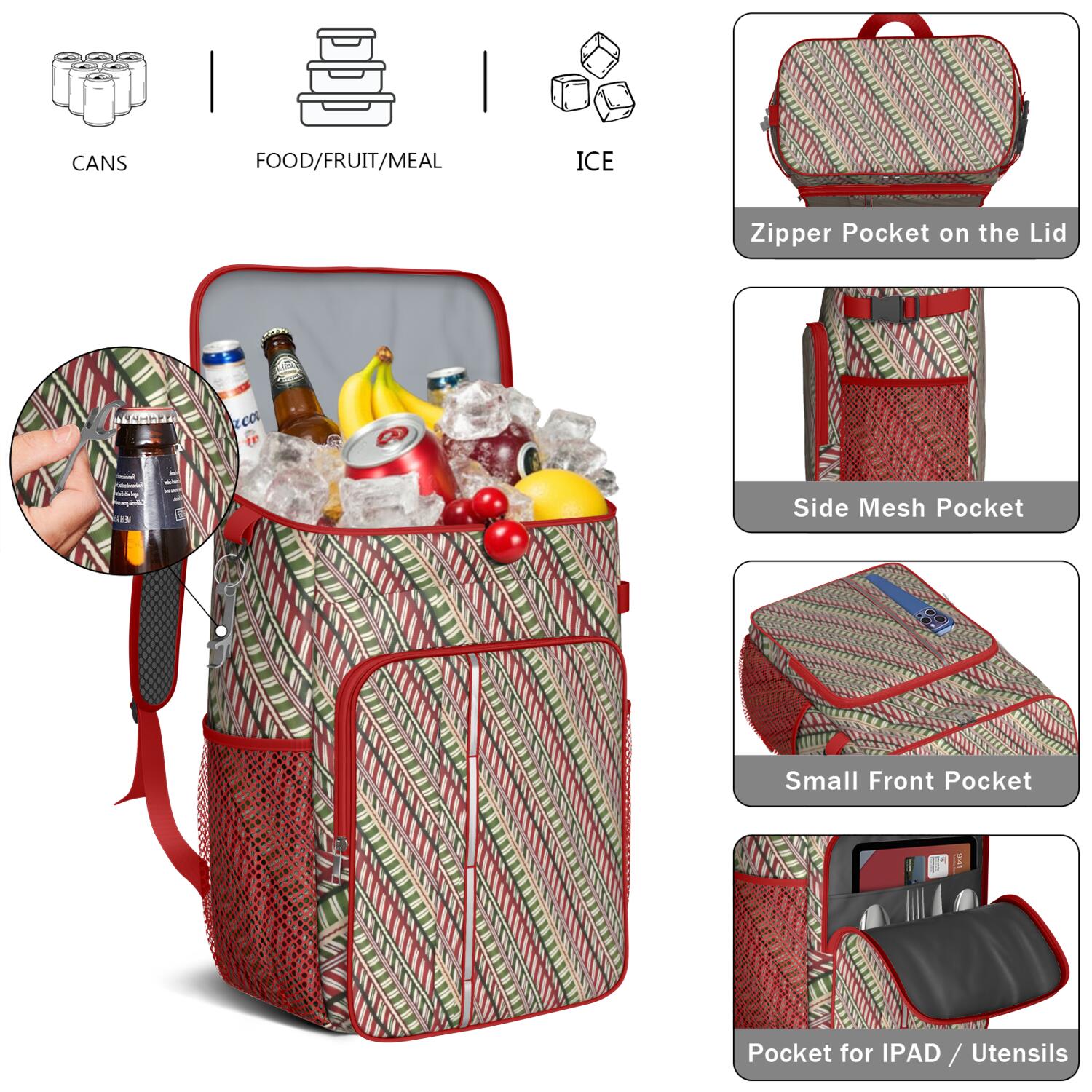 Travel Cooler Bag - Red and Green Christmas Striped Pattern Camping Beer Cooler Backpack with Bottle Opener- Waterproof Insulated Picnic Backpacks - Cooler Bag for Beach