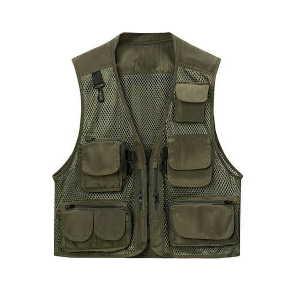 Lilgiuy Men’s Outdoor Fishing Vest with Multi Pockets Casual Loose Lightweight Mesh Utility Vest for Travel Photography Army Green