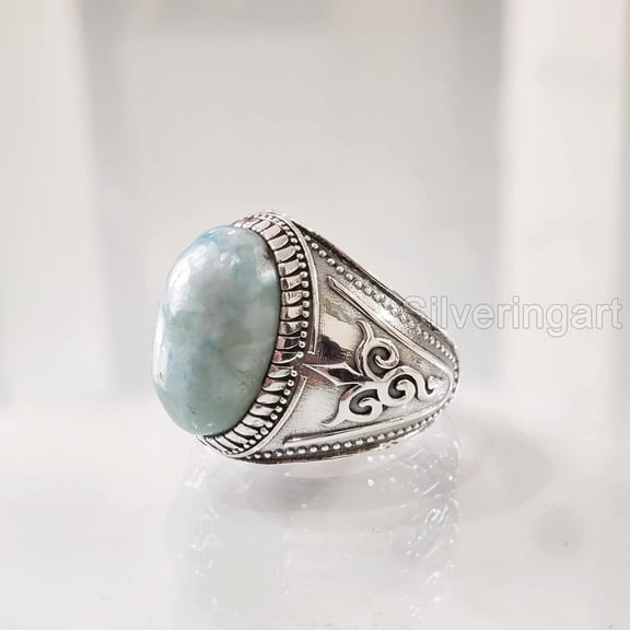 Natural Larimar Mens Ring, Dominican Larimar Ring, Birthstone Ring, Silver Jewelry, 925 Silver Ring, Gift, Heavy Mens Ring, Arabic Design, Ottoman Style Ring, Christmas, Turkey Mens Signet Ring