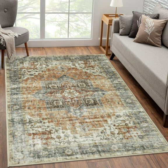 ZACOO 5' x 7' Area Rug Vintage Persian Rug Distressed Print Rug Carpet Machine Washable Low Pile No-Slip Area Rug for Living Room Bedroom, Brown