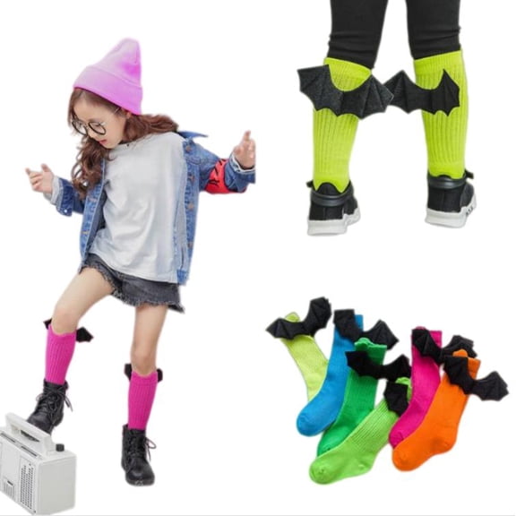 Children's Socks Stockings Solid Color Bat Wing Ribbed Knee High Socks For Toddler Girls Soft Breathable Calf Length Socks Stretchy Casual Halloween Party Daily Outdoor,One Size