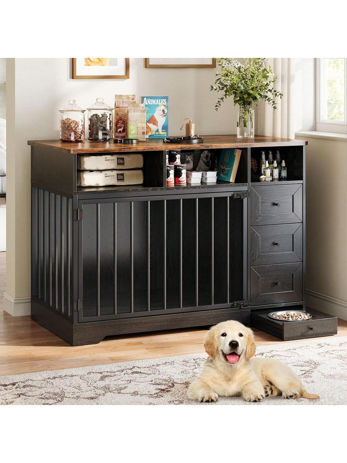 Studyset 48 Inch Dog Crate Furniture,Wooden Dog Kennel Indoor with Dog Bowl & Storage Drawers,Modern Pet Cage Side End Table,Heavy Duty Pet Crate Table for Medium Small Dogs for Living Room,Entryway