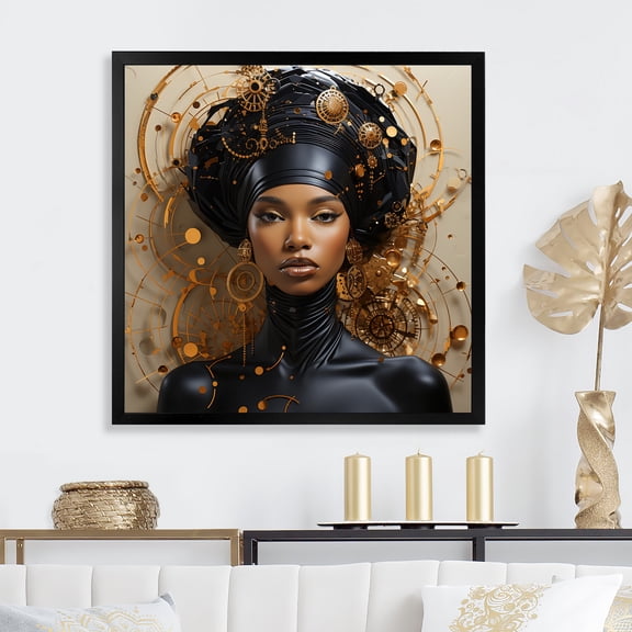 Designart "Tribal Harmony in African Woman Portrait Red and Gold II" Fashion Framed Wall Art Decor - Glam Gold Woman African American Entryway Framed Wall Art Print