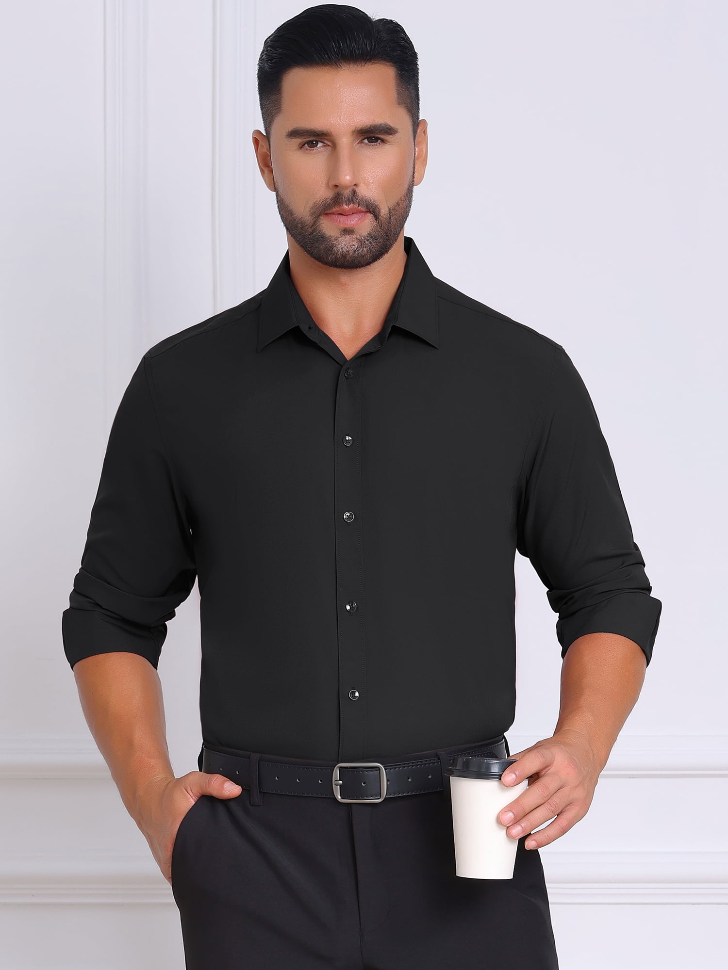 DARING DIVA Men's Solid Color Button Down Long Sleeves Stretch Shirts L Black