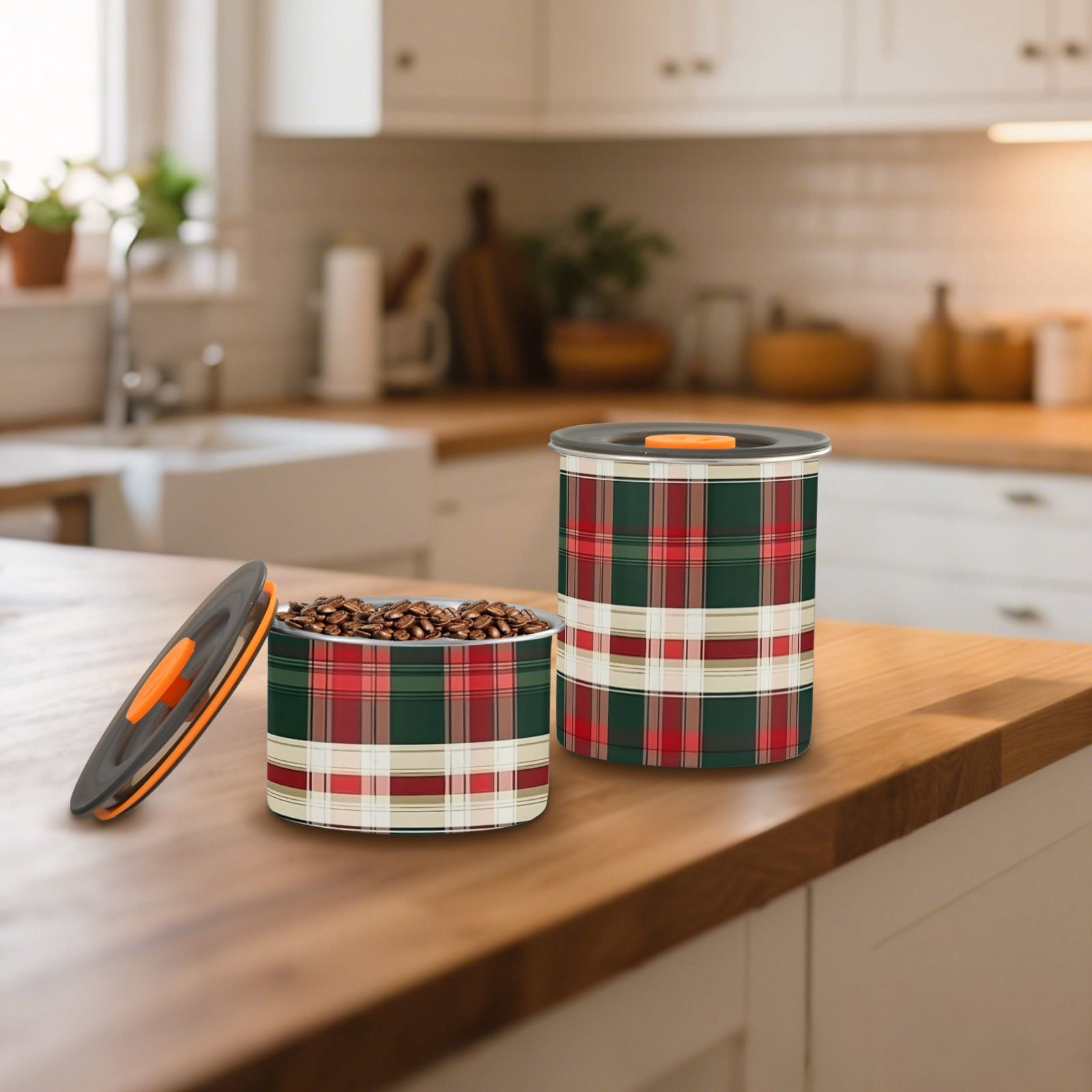 Red Green and White Tartan Plaid Airtight Coffee Bean Canister 30oz Food Storage Containers with Lids For Gournd, Tea, Sugar, Flour, Rice, Cereal, Candy Cookie Jar